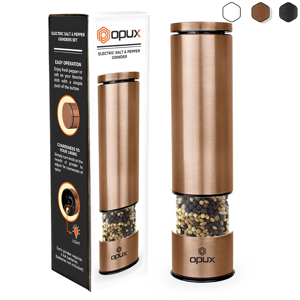 Black Automatic Pepper Salt Mills Refillable with  LED Light Battery Powered Jaxbo Gravity Electric Salt and Pepper Grinder