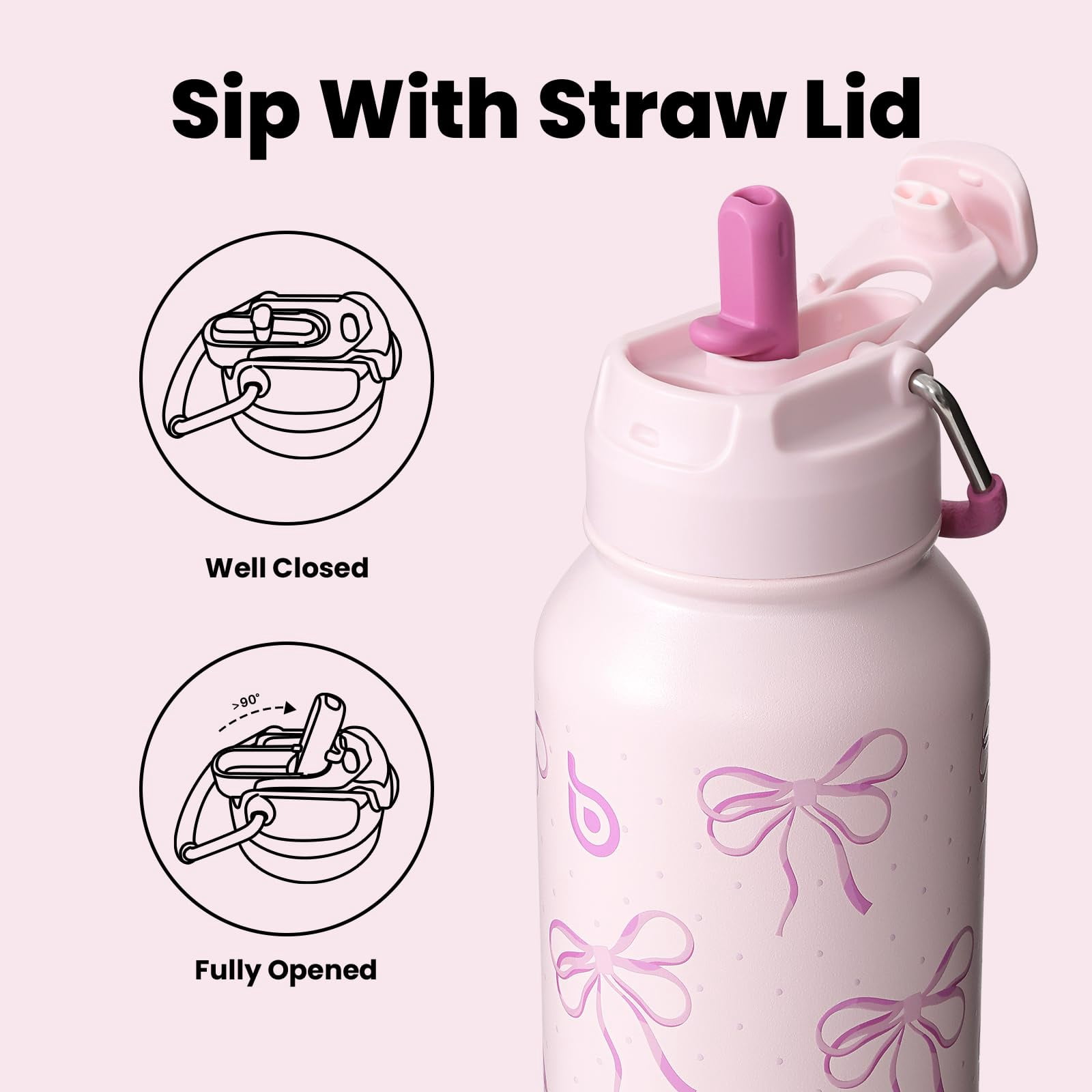 BOTTLE BOTTLE 32oz Insulated Water Bottle Stainless Steel Sport Water Bottle with Straw Dual-use Lid Women's Gift Design for Gym with Pill Box (Pink Bow)