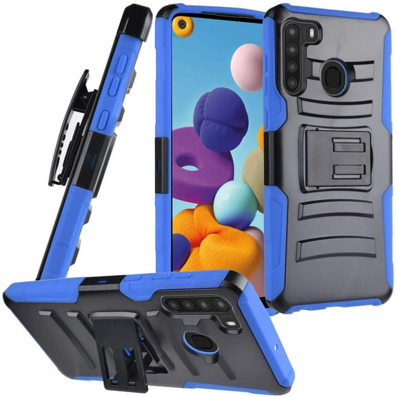 Samsung Galaxy A21 Phone Case TUFF Hybrid Holster Heavy Duty Shockproof Full Body Protective Case with Kickstand & Swivel Belt Clip Impact Armor Rubber Rugged TPU BLUE Cover for Samsung Galaxy A21