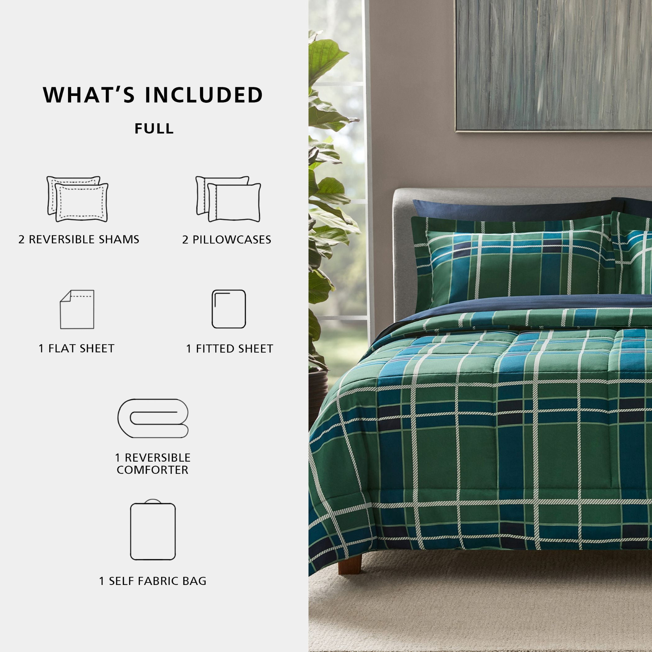 Mainstays Bed in a Bag Reversible Comforter Set with Sheets, 7 Piece, Full, Green and Navy Plaid