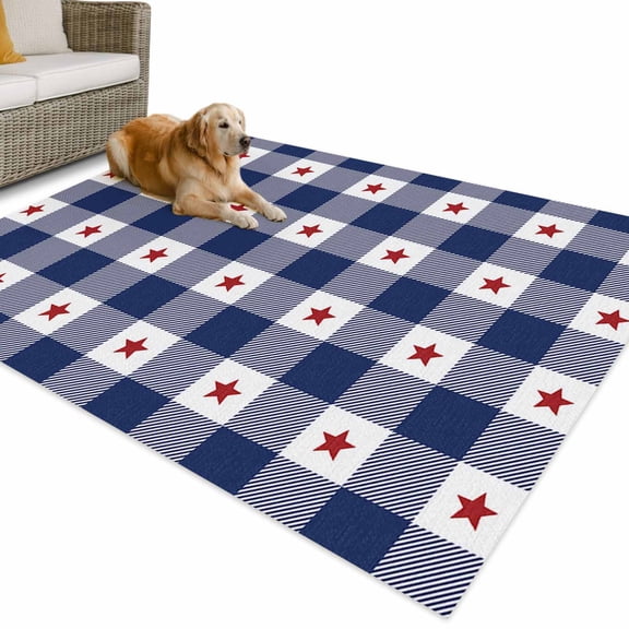 Outdoor Rug 4x6 ft 4th of July Red Americana Stars Waterproof Outdoor Patio Rug Mat Non Slip Outside Area Rugs Carpet for RV,Camping,Porch,Deck,Pool,Balconybackyard,Blue White Check Plaid
