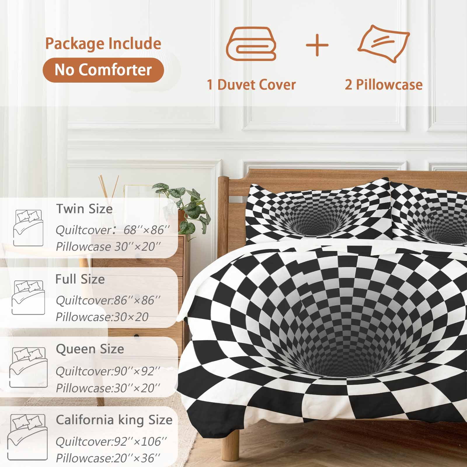 3D Optical Illusion Bedding 3 Piece Duvet Cover Set Queen Size, Black White Checkered Gingham Plaid Vortex Microfiber Comforter Cover with Zipper Closure & Pillowcases, FadeResistant Quilt Cover