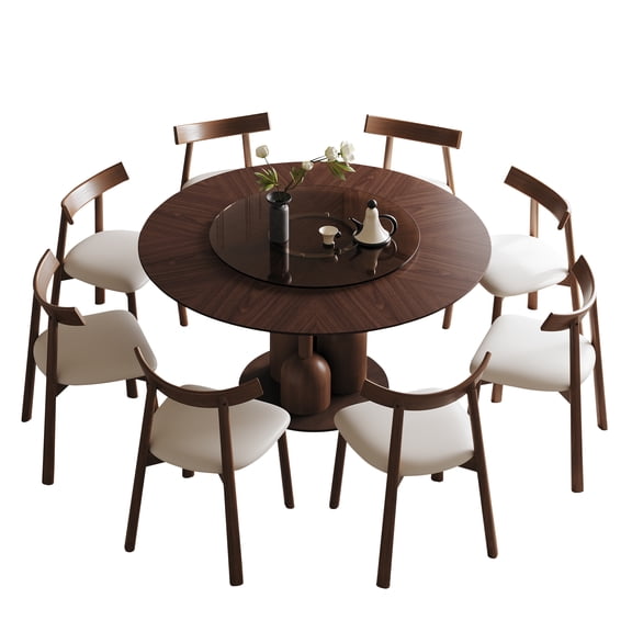 Complete 9-Piece Dining Set Wabi-Sabi Oak Round Table with Floating Glass Lazy Susan with 8 Solid Wood Chairs