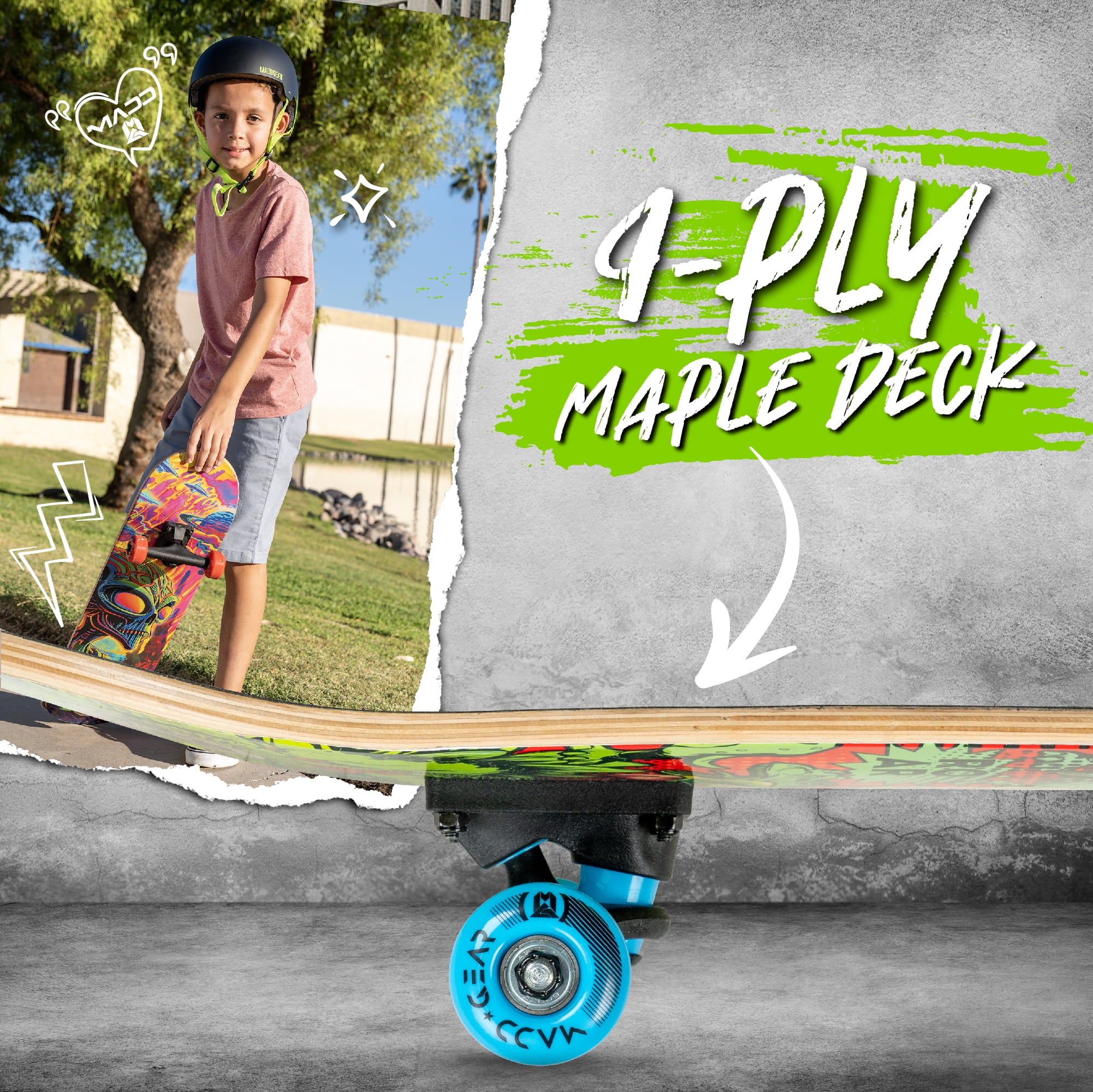 Madd Gear 31 x 7-inch Double Kicktail Beginner Complete Skateboard with 9 Ply Standard Maple Deck