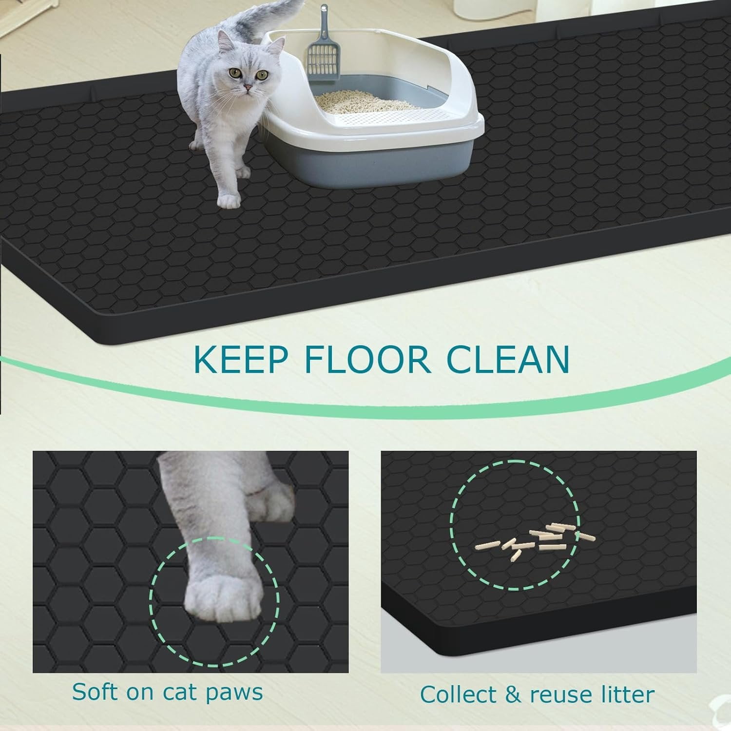 Litter Mat for Litter Box,  Large  Litter Trapping Mat - 37x22 in,  & Non-Slip, Durable & Easy Clean, Black