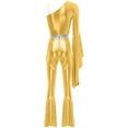 thumbnail image 4 of TiaoBug Women 70s Disco Costume One Shoulder Long Sleeve Bell Bottom Hippie Club Jumpsuit Gold XXL, 4 of 5