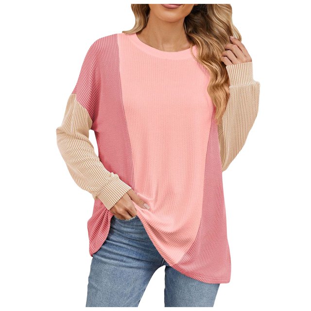 HUITKMM Tshirts 2024 Autumn and Winter Color Contrast Long Sleeve Loose Thread Stitching T Shirt
