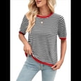 thumbnail image 2 of Hauts pour Femmes Décontractés d'Été à Col Rond, Manches Courtes, Tricot à Blocs de Couleur Rayés, Ourlet Haut-Bas, Chandails Tendance à Enfiler, Noir et Rouge, P, 2 of 10
