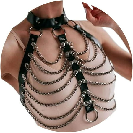 

Punk Layered Body Chains Black Leather Bra Chain Choker Bra Caged Harness Gothic Body Jewelry Accessories for Women