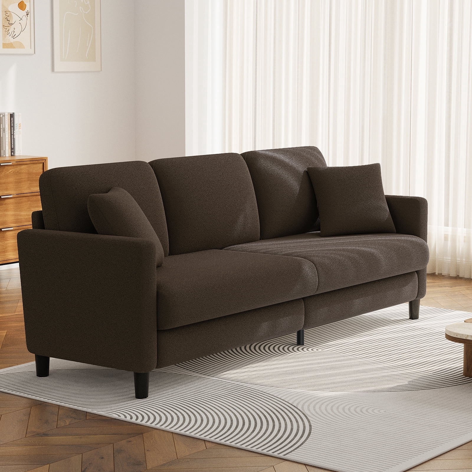 83" Sofa Couch for Living Room,Comfy Teddy Fleece Loveseat Sofa,Extra Deep Seat Couches ,Neche Tool-Free Setup Love Seat with 2 Pillows,Brown