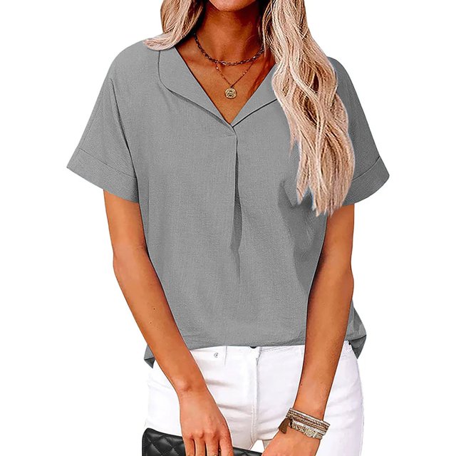 Liquidation d'Économies! BEFOKA T-Shirt Grande Taille pour Femmes, Blouse Décontractée d'Été pour Femmes, Chemise à Manches Courtes en Lin Uni à Col Rabattu pour Femmes