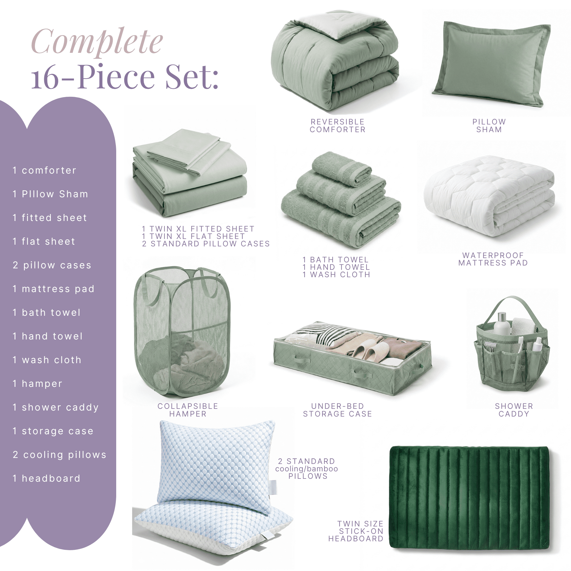 LammaLoe 16 Piece Complete Dorm Room Set, Twin XL Comforter Set, Includes Sheet Set, Mattress Protector, Pillows, Headboard, Towels & Organizers - All Dorm Accessories Included, Sage