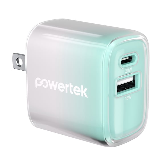 Powertek Frosty 20W USB-C PD   USB-A Dual Port Wall Charger, Mint