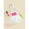 thumbnail image 3 of Bslissey Baby Girls Birthday Romper Dress Tie Spaghetti Strap Letter Embroidery Tulle Hem Jumpsuit Infant Cute Summer Sleeveless A-line Dress with Headband 6M 12M 18M, 3 of 8