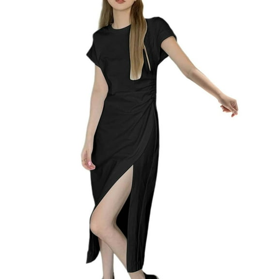 Taqqpue Women's Summer Dresses Short Sleeve Crewneck White Black Dress Split Casual Maxi Evening Party Cocktail Dresses