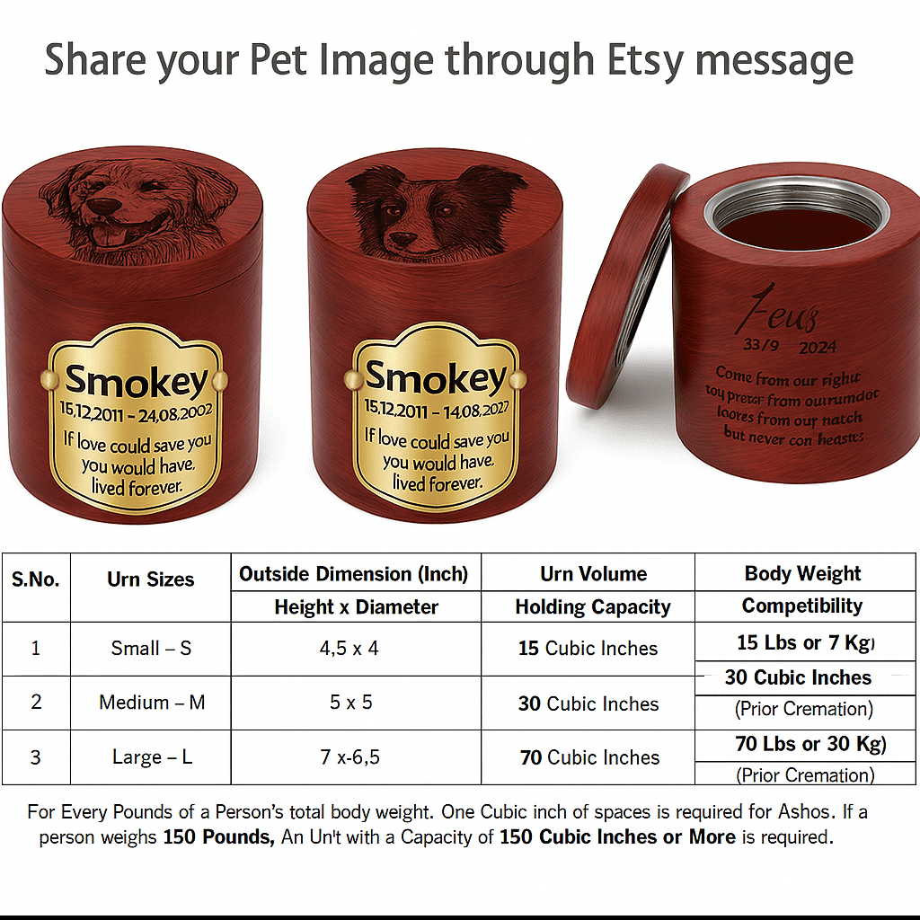 Custom Pet Portrait Engraved Wooden Urn Box for ashes, Cremation Dog Urn for Ashes
