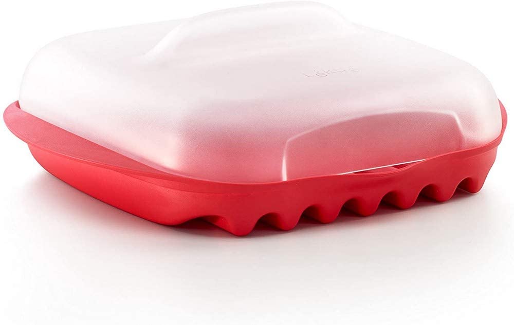 Microwave Bacon Maker/Cooker with Lid, 11.02" L x 9.8" W x 2.3" H, Red