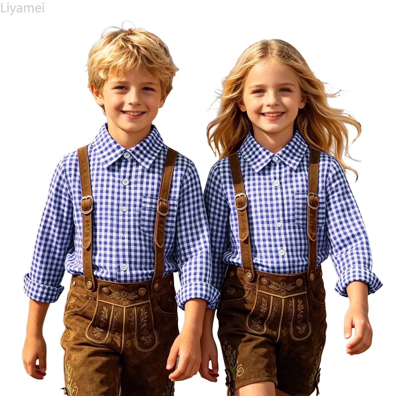 Liyamei Kids Plaid & Fringe Western Shirt for Boys Girls Button Down Cowboy Top Oktoberfest Party Outfit Blue Size 6-7 Years