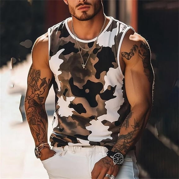 BUWTTED Men Tank Tops Summer Sleeveless Graphic Gym Sleeveless T Shirt Regular Fit with Round Neck Breathable Comfortable Brown Shirt L