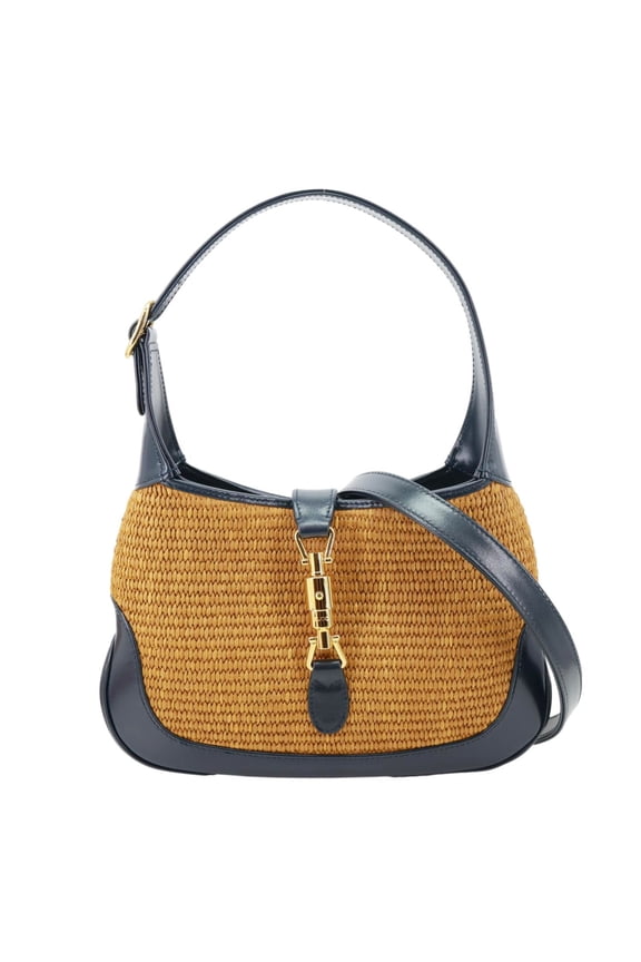 Pre-Owned Gucci Jackie 1961 Small Raffia Straw Lux Shoulder Bag Navy Blue 636706