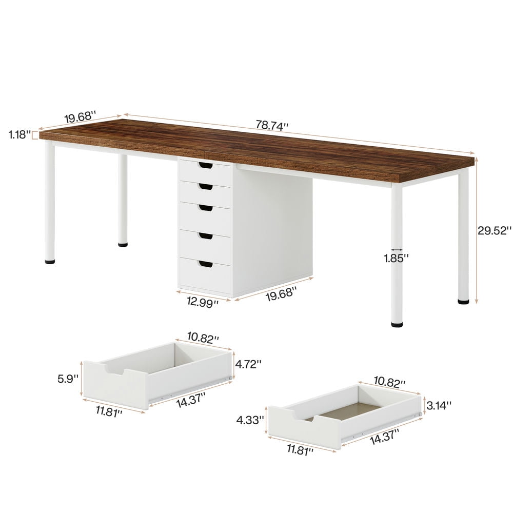 Resenkose Study Writing Desk, Computer Desk,78.7" Two Person Desk, Long Computer Desk with 5 Drawers,Rustic Brown & White