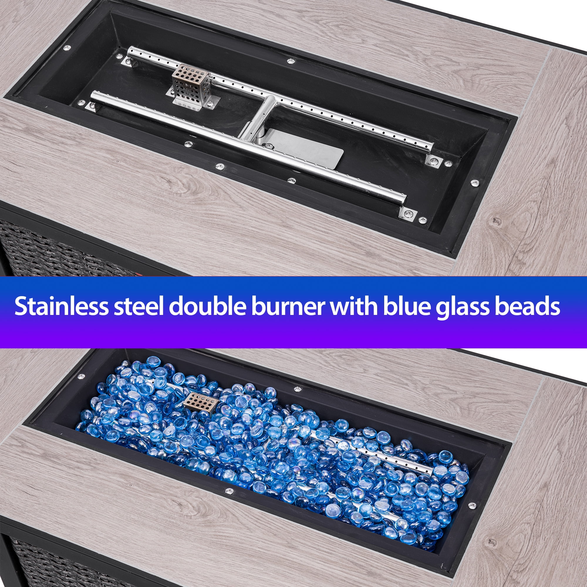 OuterMust 42”Outdoor Propane Fire Pit Table, 50,000 BTU Gas Hand-Woven Rattan Fire Pit with Lid & Blue Glass Bead for Patio Deck Garden
