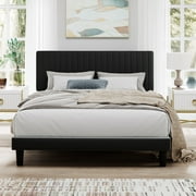 SHA CERLIN Black Queen Size Upholstered Platform Bed Frame with Adjustable Channel Velvet Headboard
