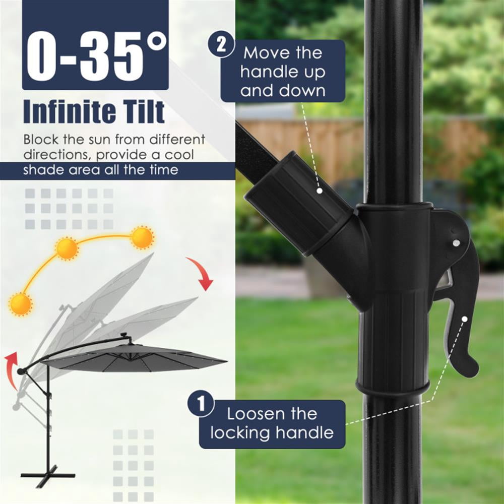 Spaco 10 Feet Solar Offset Hanging Umbrella with 40 Lamp Beads and Solar Panel, Outdoor Umbrellas for Patio, Patio Table Umbrella, Deck Umbrella-Gray