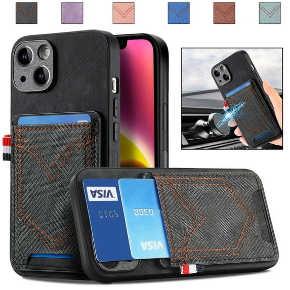 Nalacover Case for iPhone 14 Pro Back Card Slots Wallet Case, Vintage Denim Pattern PU Leather Magnet Car Mount Cover for iPhone 14 Pro, Full Edge Protection Anti-Drop Shockproof Case,Black