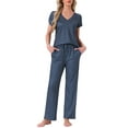 thumbnail image 1 of Pijamas para mujer INSPIRE CHIC, camiseta de cuello en V de manga corta con pantalones de tiro ajustable, conjuntos de ropa de dormir impresos con bolsillos, M, punto azul, 1 of 5