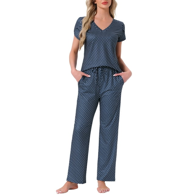 Pijamas para mujeres INSPIRE CHIC, camiseta de cuello en V de manga corta con pantalones de tiro ajustable, conjuntos de lounge impresos con bolsillos, L, punto azul