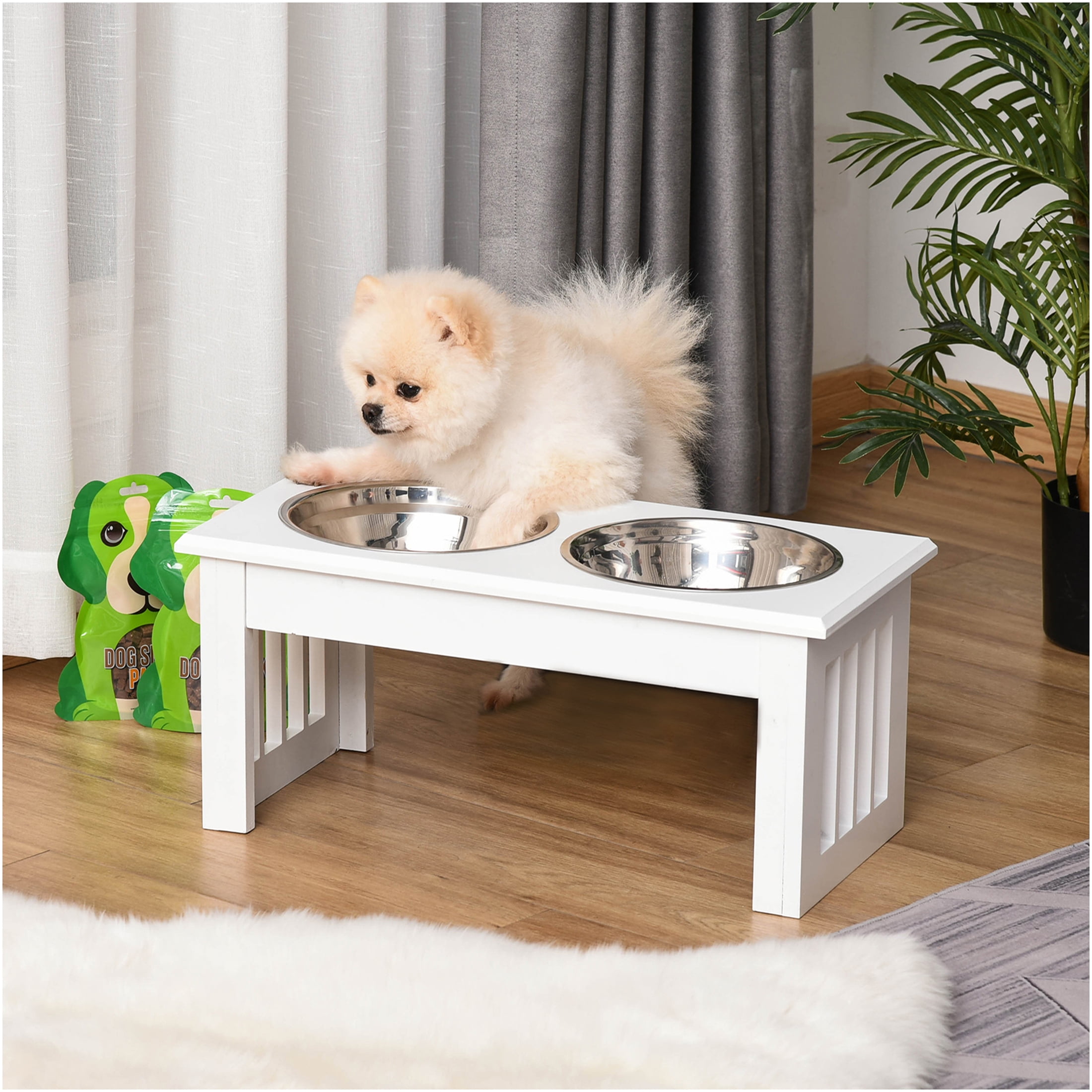 JERFIT Elevated Dog Bowl Stand with Stainless Steel Bowls, 6 Inch Height Pet Feeding Station for Messy Eaters, Anti-Slip Wooden Dog Food & Water Raised Holder in White