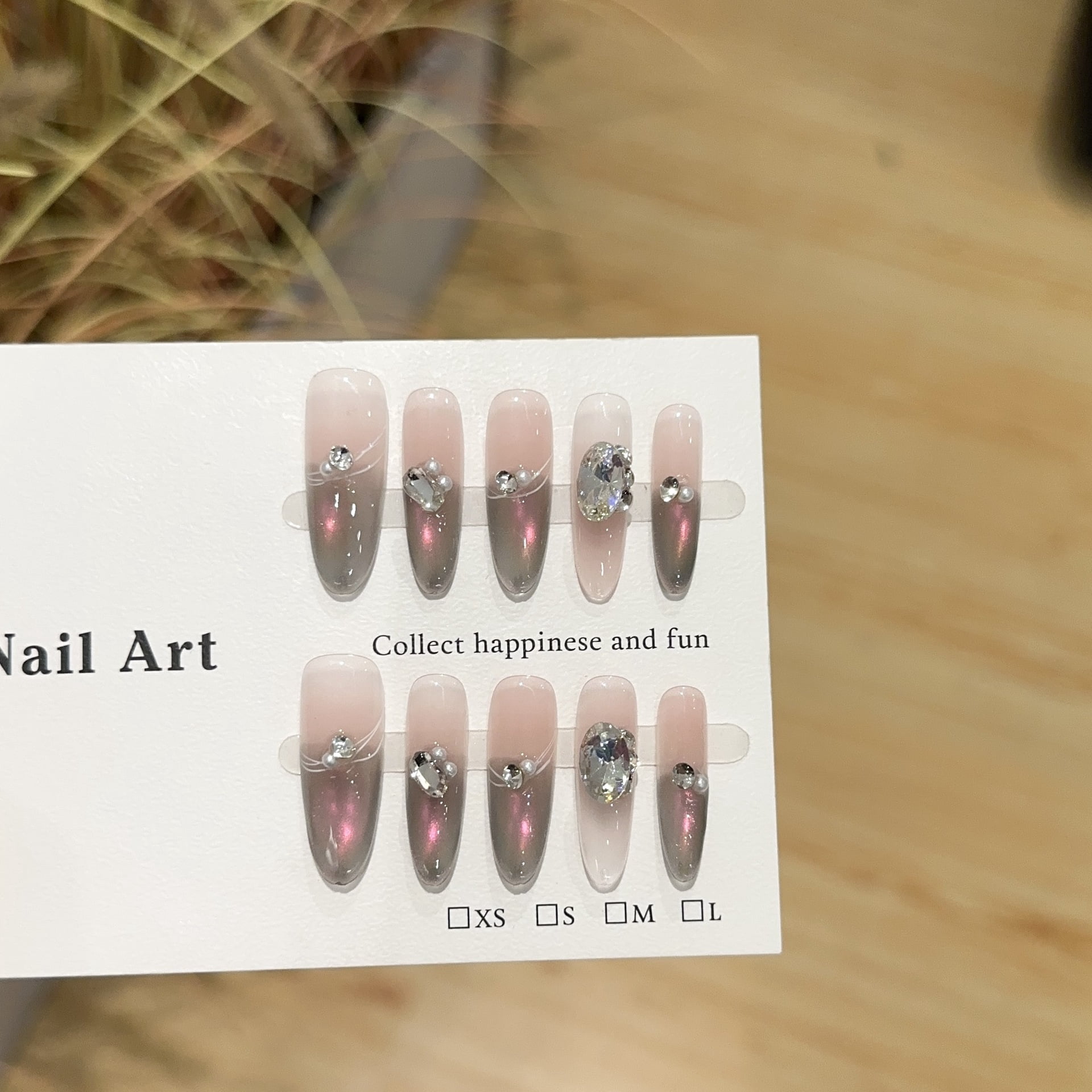 Purely handmade nail, advanced sense nebula gray pink cat eye nail art piece, long light luxury stack diamond fake nail patch
