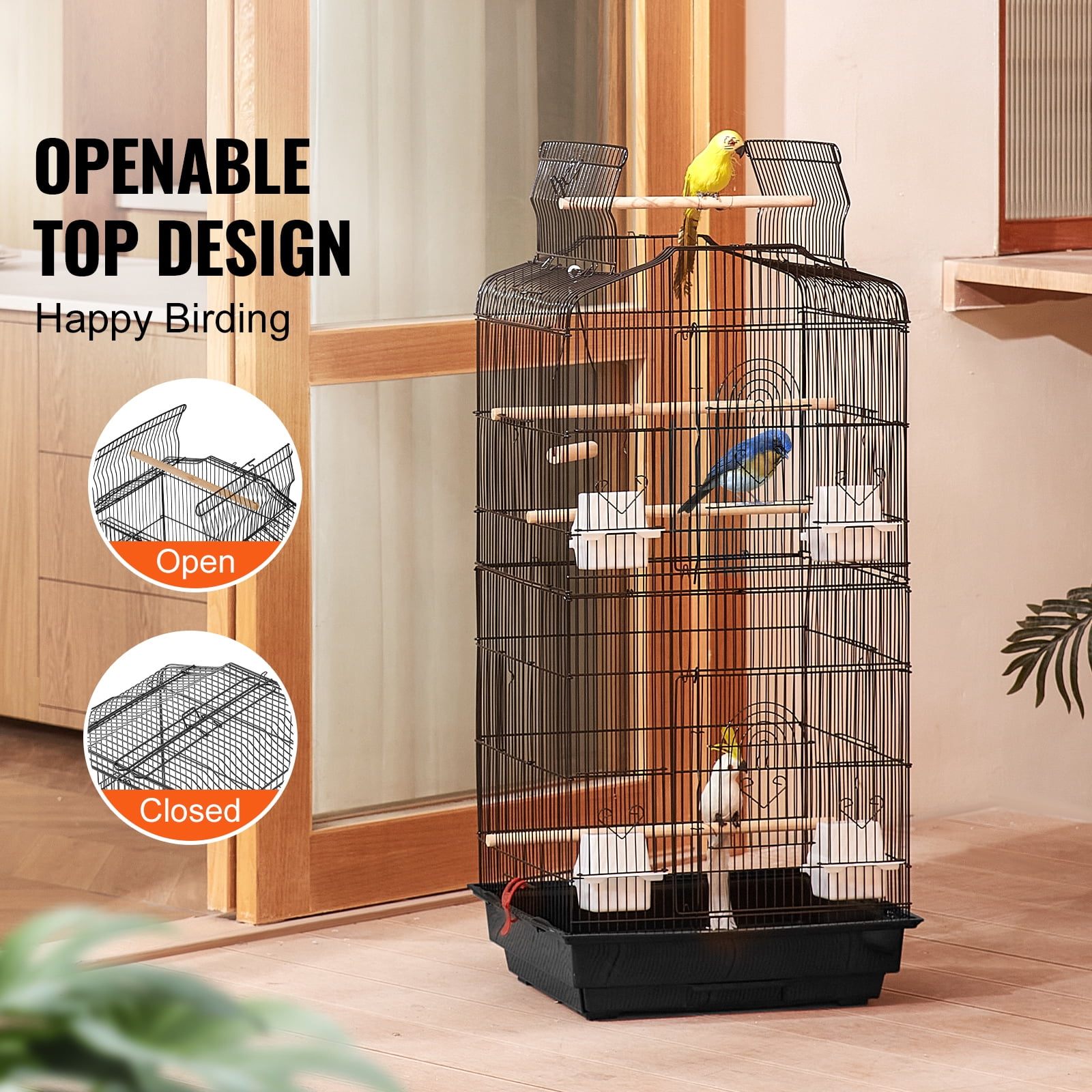 KFFKFF 41-inch Spacious Bird Cage with Open Top, Ideal for Parakeets, Finches, Canaries, Lovebirds, Cockatiels, Budgies, Small Quaker Conures, Travel Pet Flight Birdcage Equipped with Swing and Perch