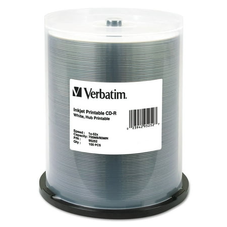 Verbatim CD-R, 700MB, 52X, White Inkjet Printable, Hub Printable, 100/PK Spindle -VER95252
