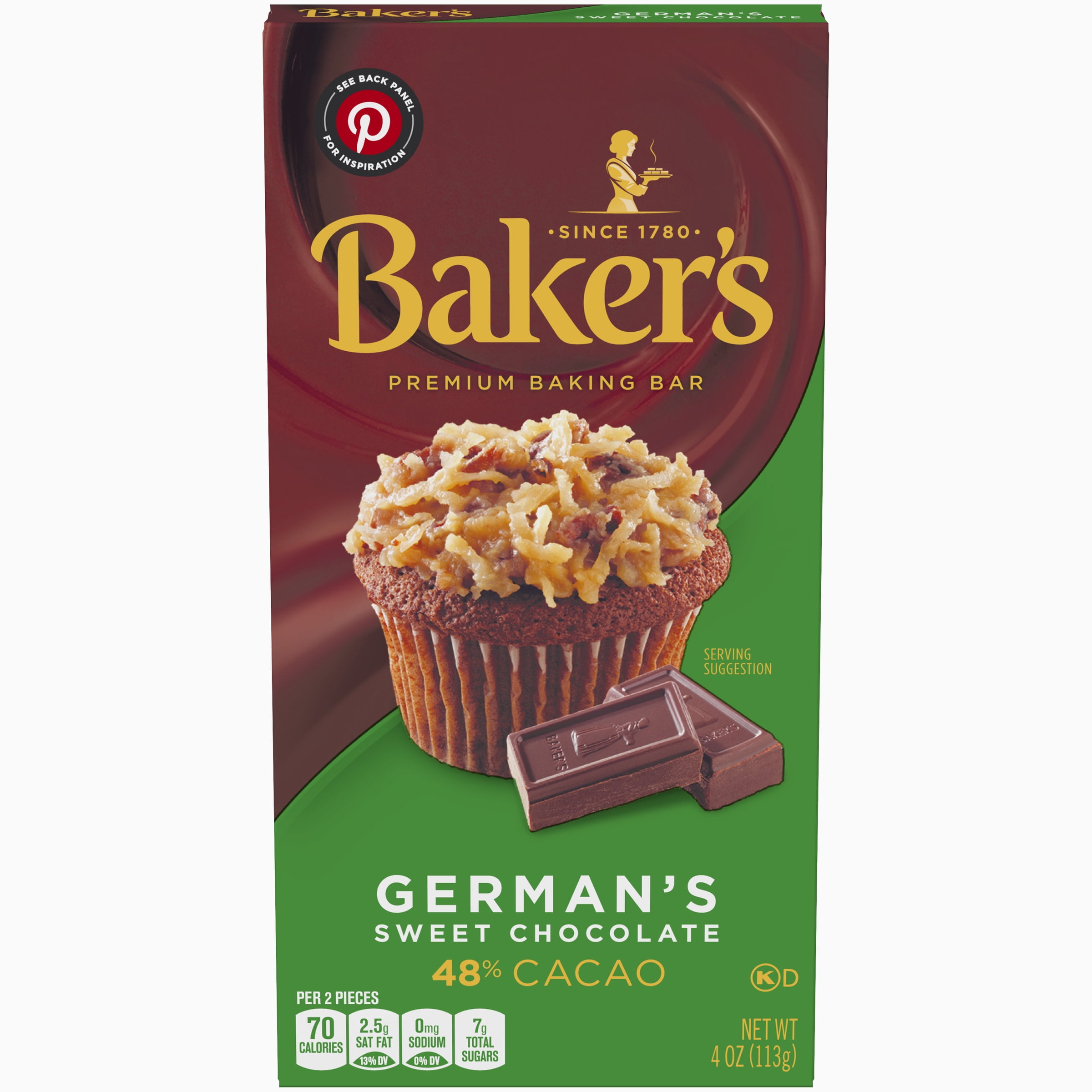 Baker's German's Sweet Chocolate Premium Baking Bar with 48% Cacao, 4 oz Box