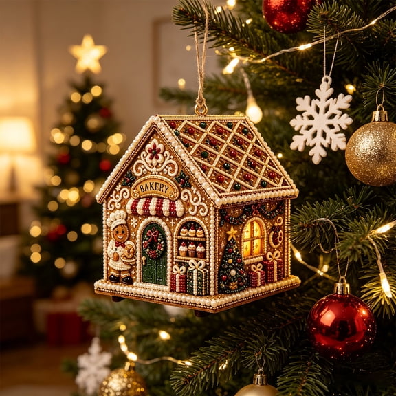 Christmas House Shaped DIY Diamond Art Hanging Ornament, VVQ Handmade Xmas Candy House Kit with Wooden Base Rhinestones for Decor