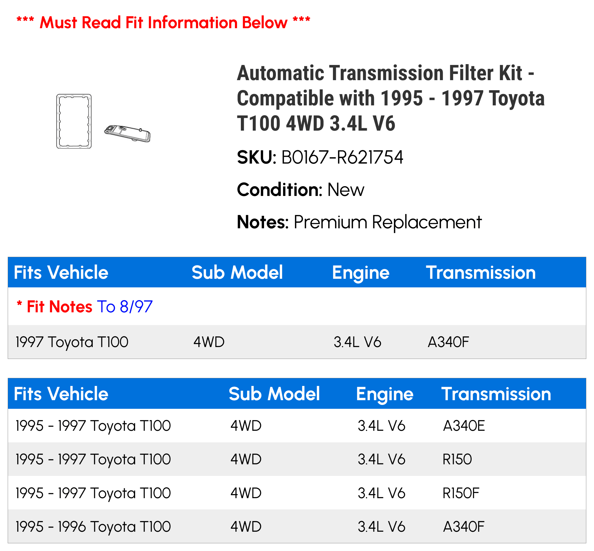 Automatic Transmission Filter Kit - Compatible with 1995 - 1997 Toyota T100 4WD 3.4L V6 1996