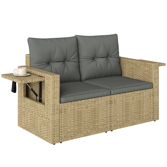 Outsunny Wicker Outdoor Sofa Patio Loveseat with Side Trays, Light Grey