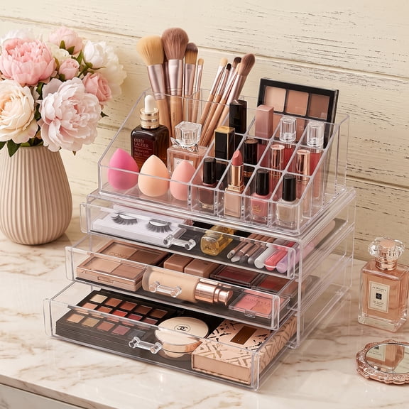 CWYEYE 4-Tier Make-up Organizer with 3 Drawers , Cosmetic Storage holder for Vanity, Bathroom Counter, for Lipstick , Brush and Makeup