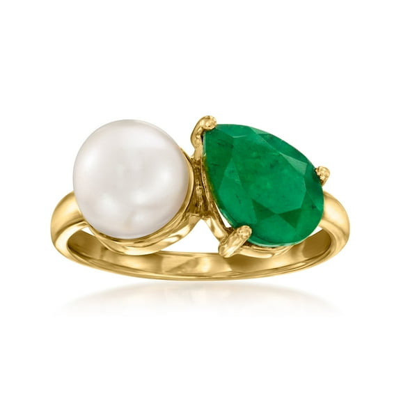 Ross-Simons 7.5-8mm Cultured Pearl and 2.20 Carat Emerald Toi Et Moi Ring in 18kt Gold Over Sterling, Women's, Adult
