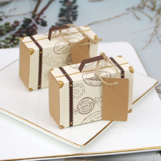 Invitación de boda Caja de cartón pequeña Mini maleta Regalo de invitado de boda - Kraft - Fiesta de dulces de arpillera 20 PCS oso de fresa Electrónica