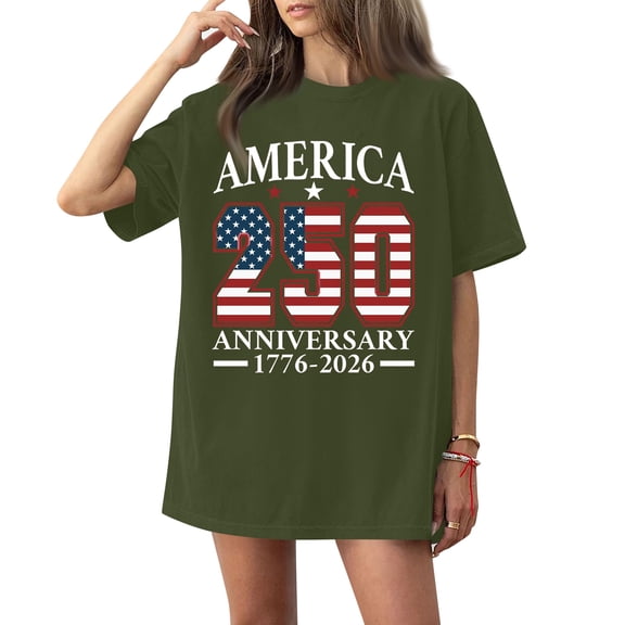 America 250 Anniversary 1776 2026 Graphic Short Sleeve Crewneck Loose Fit Casual T Shirt for Women Men Unisex Army Green L