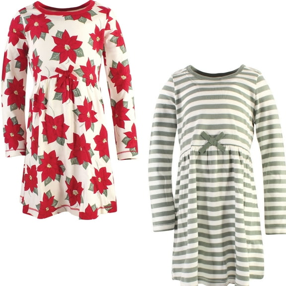 Luvable Friends Touched by Nature Long-Sleeve Dresses 2pk, Holiday Bloom, 0-3M