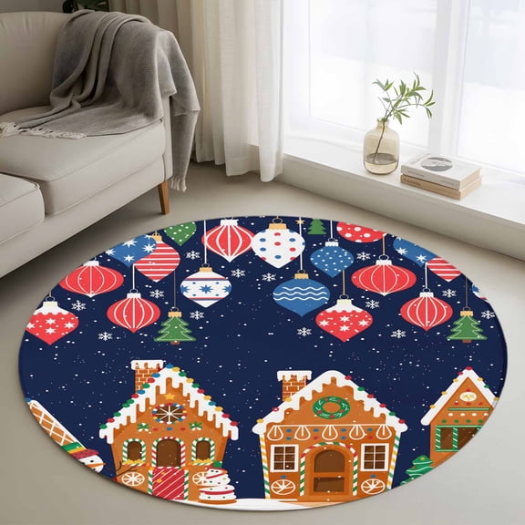 Navy Blue Christmas Round Rug 3ft Washable Circle Entryway Rugs Non Slip Winter Snowman Xmas Ball House Area Rug Indoor Floor Carpet for Bedroom Kitchen Living Room Home Office Dining Room Nursery
