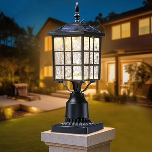 16.5" Solar Post Lights, Dusk to Dawn Outdoor Post Lights Solar Lamp Post Light, Black Lamp Posts Outdoor Lighting with Pier Mount Base, Waterproof Outdoor Light Post for Yard Garden Pathway, 1 Pack