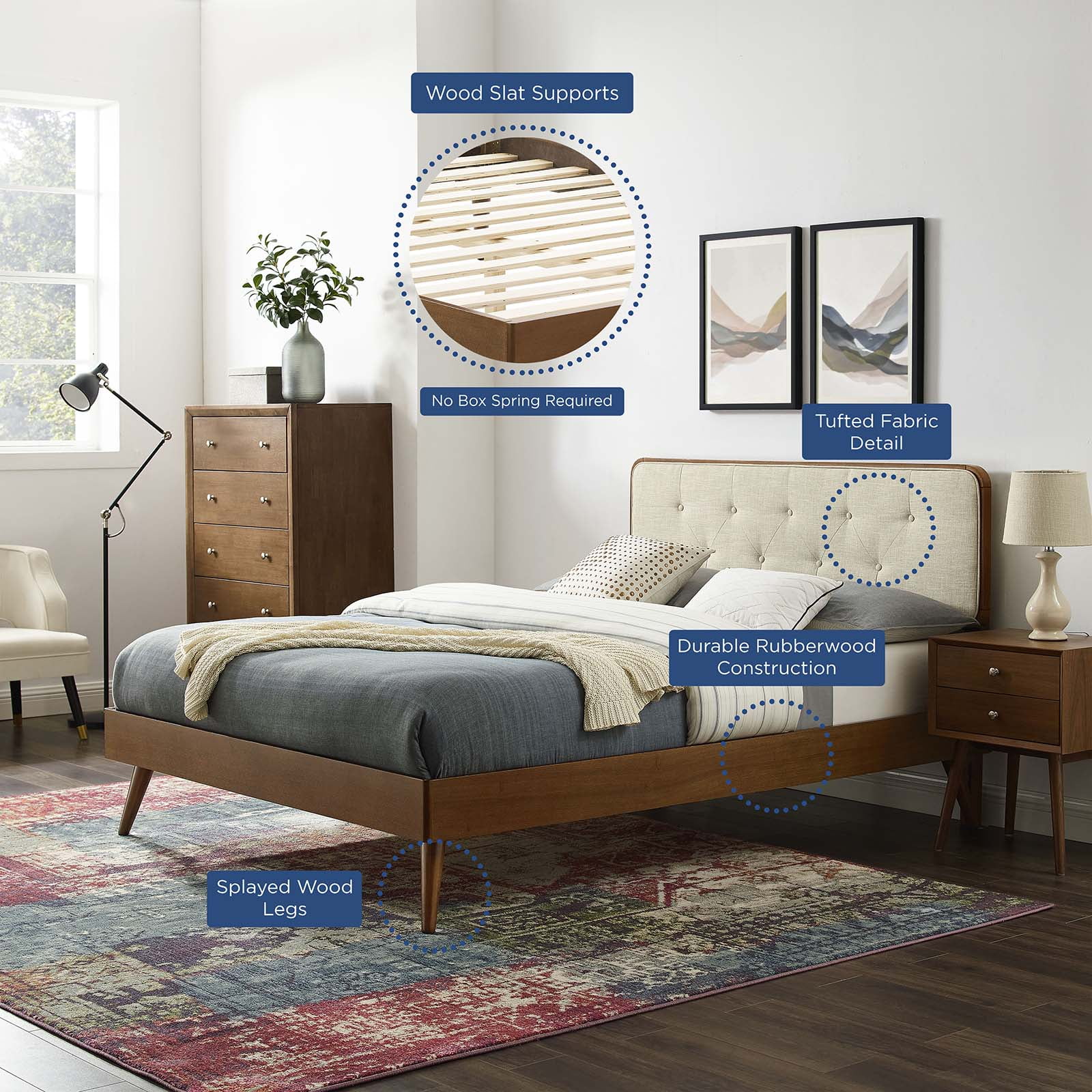 Platform Bed Frame, King Size, Wood, Brown Walnut Beige, Modern Contemporary Urban Design, Bedroom Master Guest Suite