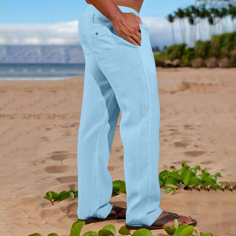 Men'S Drawstring Loose Linen Beach Pants Lightweight Elastic Waist Yoga  Lounge Cotton Trousers Pajamas Sky Blue Xl O498 