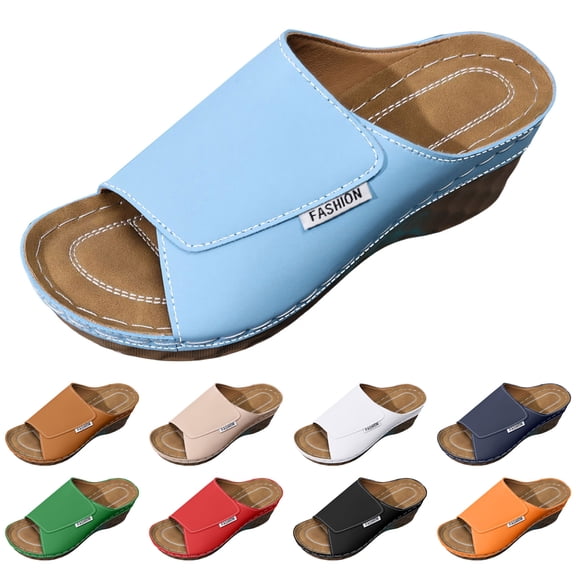 Modstep Orthopedic Sandals for Women Leather Wedge Walking Slides Dressy Platform Arch Support Open Toe Slip on Summer Shoes size 6 Beige