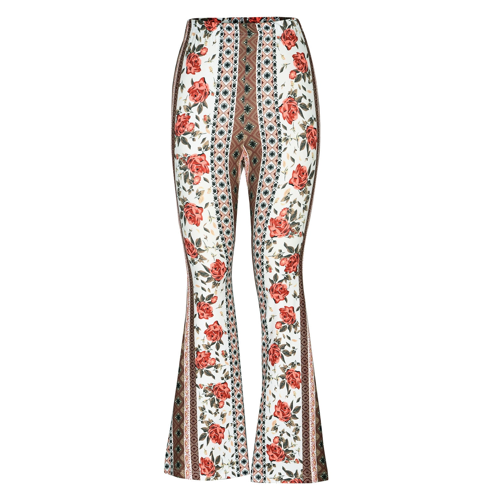 JWZUY Boho Flare Pants Elastic Waist Bell Leg Pants for Women Bohemian  Printed Stretchy Trouser Ethnic Paisley Floral Bell Bottoms Flared Leggings  1-Red Large 